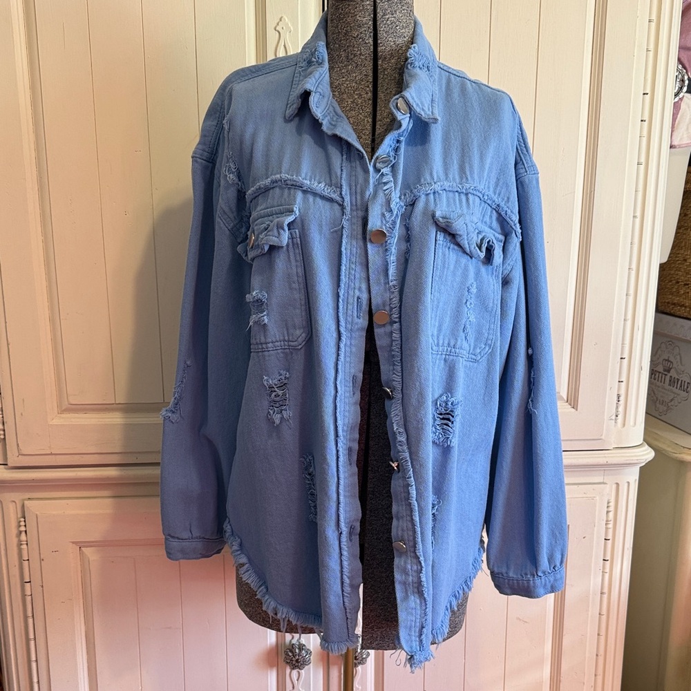 SHEIN Light Blue Distressed Jean Jacket